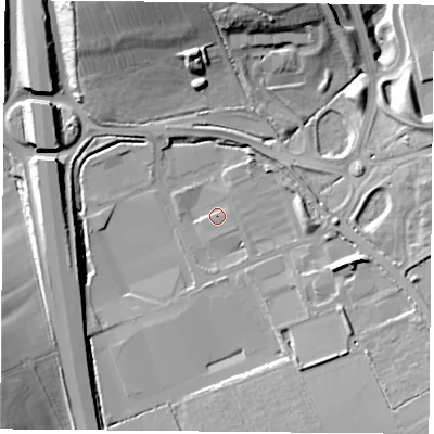 Shaded relief map of the ground around NN67SL, computed from Environment Agency LiDAR. The ground here sits at about 110 m above sea level and falls 18 m across the surrounding 800 m. Surface water reaching this point runs off ground lying to the south-east, 10.4 m higher.