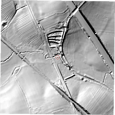 Shaded relief map of the ground around NN67UJ, computed from Environment Agency LiDAR. The ground here sits at about 111 m above sea level and falls 24 m across the surrounding 800 m. Surface water reaching this point runs off ground lying to the north, 18.7 m higher.