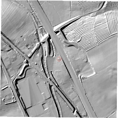 Shaded relief map of the ground around NN67UZ, computed from Environment Agency LiDAR. The ground here sits at about 108 m above sea level and falls 19 m across the surrounding 800 m. Surface water reaching this point runs off ground lying to the west-north-west, 16.2 m higher.
