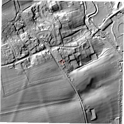 Shaded relief map of the ground around NN68AE, computed from Environment Agency LiDAR. The ground here sits at about 88 m above sea level and falls 40 m across the surrounding 800 m. Surface water reaching this point runs off ground lying to the west-north-west, 4.3 m higher.