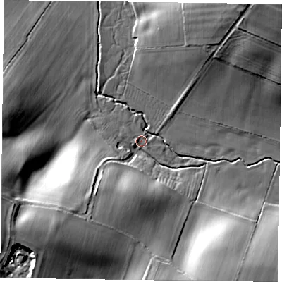Shaded relief map of the ground around NN68LE, computed from Environment Agency LiDAR. The ground here sits at about 81 m above sea level and falls 30 m across the surrounding 800 m. Surface water reaching this point runs off ground lying to the south-west, 28.1 m higher.