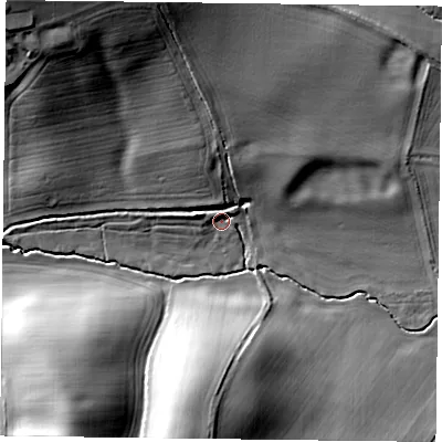 Shaded relief map of the ground around NN68LQ, computed from Environment Agency LiDAR. The ground here sits at about 86 m above sea level and falls 31 m across the surrounding 800 m. Surface water reaching this point runs off ground lying to the north-west, 28.2 m higher.
