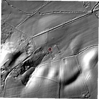Shaded relief map of the ground around NN68LU, computed from Environment Agency LiDAR. The ground here sits at about 100 m above sea level and falls 54 m across the surrounding 800 m. Surface water reaching this point runs off ground lying to the south-west, 41.4 m higher.