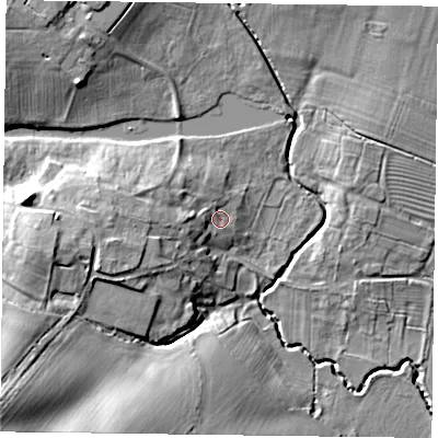 Shaded relief map of the ground around NN68PD, computed from Environment Agency LiDAR. The ground here sits at about 98 m above sea level and falls 28 m across the surrounding 800 m. Surface water reaching this point runs off ground lying to the west, 7.7 m higher.