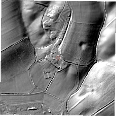 Shaded relief map of the ground around NN68RQ, computed from Environment Agency LiDAR. The ground here sits at about 124 m above sea level and falls 46 m across the surrounding 800 m. Surface water reaching this point runs off ground lying to the north-north-east, 11.6 m higher.
