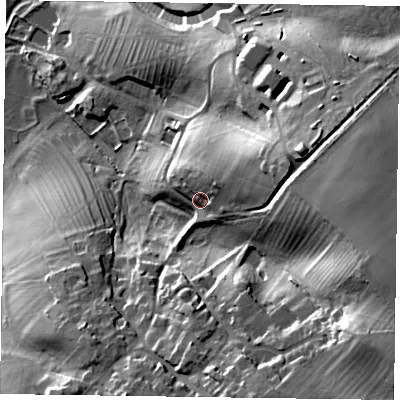 Shaded relief map of the ground around NN69AP, computed from Environment Agency LiDAR. The ground here sits at about 94 m above sea level and falls 48 m across the surrounding 800 m. Surface water reaching this point runs off ground lying to the east-north-east, 21.6 m higher.