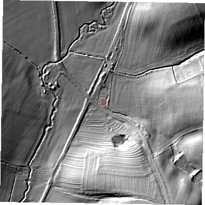 Shaded relief map of the ground around NN69HA, computed from Environment Agency LiDAR. The ground here sits at about 98 m above sea level and falls 36 m across the surrounding 800 m. Surface water reaching this point runs off ground lying to the south-south-east, 30.2 m higher.