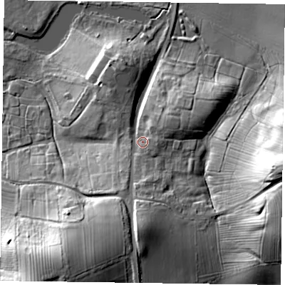 Shaded relief map of the ground around NN69LY, computed from Environment Agency LiDAR. The ground here sits at about 137 m above sea level and falls 40 m across the surrounding 800 m. Surface water reaching this point runs off ground lying to the south-south-west, 21.0 m higher.