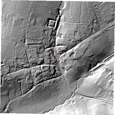 Shaded relief map of the ground around NN69QF, computed from Environment Agency LiDAR. The ground here sits at about 100 m above sea level and falls 21 m across the surrounding 800 m. Surface water reaching this point runs off ground lying to the north-north-west, 16.1 m higher.