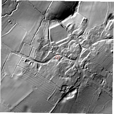 Shaded relief map of the ground around NN69RB, computed from Environment Agency LiDAR. The ground here sits at about 117 m above sea level and falls 30 m across the surrounding 800 m. Surface water reaching this point runs off ground lying to the east-south-east, 9.5 m higher.
