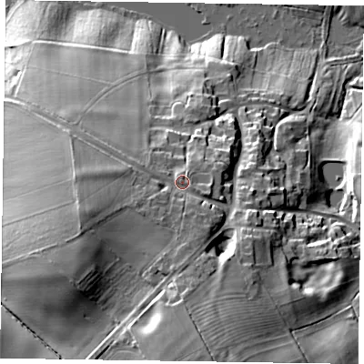 Shaded relief map of the ground around NN69SJ, computed from Environment Agency LiDAR. The ground here sits at about 112 m above sea level and falls 29 m across the surrounding 800 m. Surface water reaching this point runs off ground lying to the west-south-west, 4.9 m higher.