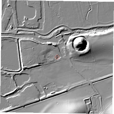 Shaded relief map of the ground around NN71AL, computed from Environment Agency LiDAR. The ground here sits at about 54 m above sea level and falls 23 m across the surrounding 800 m. Surface water reaching this point runs off ground lying to the north-north-east, 1.4 m higher.