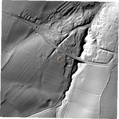 Shaded relief map of the ground around NN71DW, computed from Environment Agency LiDAR. The ground here sits at about 95 m above sea level and falls 29 m across the surrounding 800 m. Surface water reaching this point runs off ground lying to the west, 4.5 m higher.