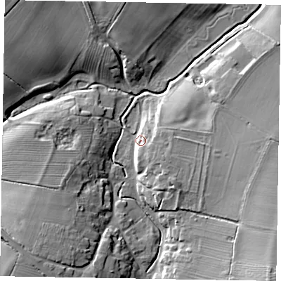 Shaded relief map of the ground around NN71EL, computed from Environment Agency LiDAR. The ground here sits at about 77 m above sea level and falls 20 m across the surrounding 800 m. Surface water reaching this point runs off ground lying to the east-south-east, 8.8 m higher.
