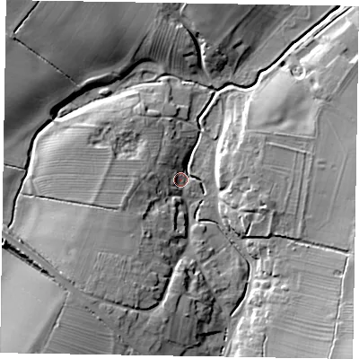 Shaded relief map of the ground around NN71EN, computed from Environment Agency LiDAR. The ground here sits at about 75 m above sea level and falls 16 m across the surrounding 800 m. Surface water reaching this point runs off ground lying to the south-east, 14.7 m higher.