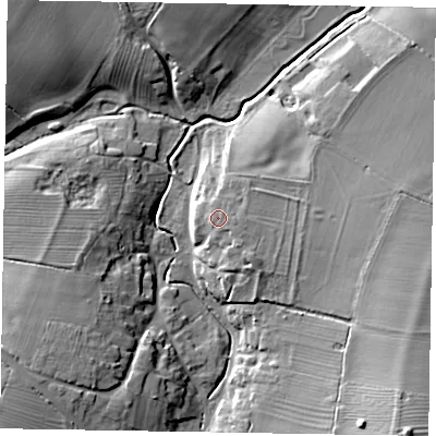 Shaded relief map of the ground around NN71EQ, computed from Environment Agency LiDAR. The ground here sits at about 80 m above sea level and falls 22 m across the surrounding 800 m. Surface water reaching this point runs off ground lying to the south-east, 2.7 m higher.