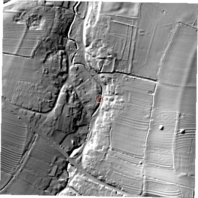 Shaded relief map of the ground around NN71ER, computed from Environment Agency LiDAR. The ground here sits at about 75 m above sea level and falls 27 m across the surrounding 800 m. Surface water reaching this point runs off ground lying to the south-east, 26.1 m higher.