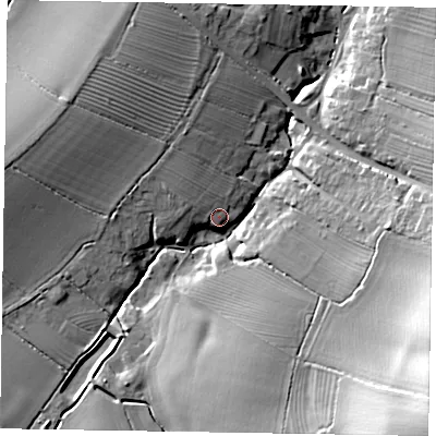 Shaded relief map of the ground around NN71HD, computed from Environment Agency LiDAR. The ground here sits at about 80 m above sea level and falls 30 m across the surrounding 800 m. Surface water reaching this point runs off ground lying to the south-east, 27.6 m higher.