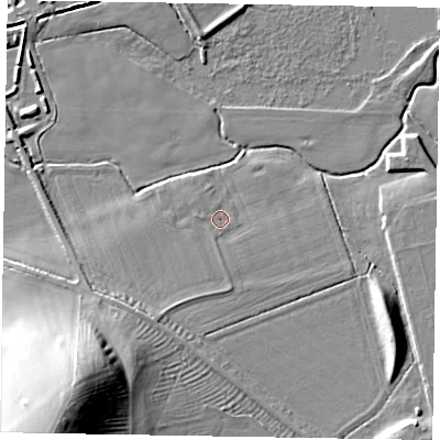 Shaded relief map of the ground around NN71JD, computed from Environment Agency LiDAR. The ground here sits at about 47 m above sea level and falls 29 m across the surrounding 800 m. Surface water reaching this point runs off ground lying to the south-west, 4.1 m higher.