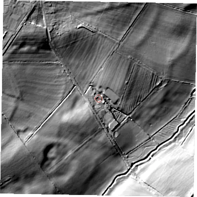 Shaded relief map of the ground around NN71JN, computed from Environment Agency LiDAR. The ground here sits at about 68 m above sea level and falls 28 m across the surrounding 800 m. Surface water reaching this point runs off ground lying to the north-west, 18.8 m higher.