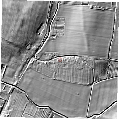 Shaded relief map of the ground around NN71JR, computed from Environment Agency LiDAR. The ground here sits at about 50 m above sea level and falls 9 m across the surrounding 800 m. Surface water reaching this point runs off ground lying to the east-north-east, 4.9 m higher.