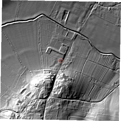 Shaded relief map of the ground around NN71JW, computed from Environment Agency LiDAR. The ground here sits at about 54 m above sea level and falls 32 m across the surrounding 800 m. Surface water reaching this point runs off ground lying to the south-south-west, 25.5 m higher.