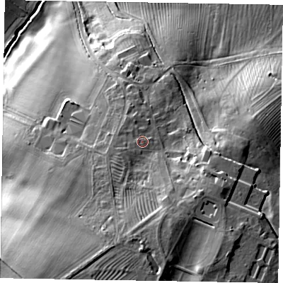 Shaded relief map of the ground around NN71LF, computed from Environment Agency LiDAR. The ground here sits at about 81 m above sea level and falls 33 m across the surrounding 800 m. Surface water reaching this point runs off ground lying to the west-south-west, 2.0 m higher.