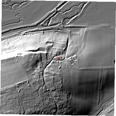 Shaded relief map of the ground around NN71NA, computed from Environment Agency LiDAR. The ground here sits at about 71 m above sea level and falls 42 m across the surrounding 800 m. Surface water reaching this point runs off ground lying to the south-west, 23.5 m higher.