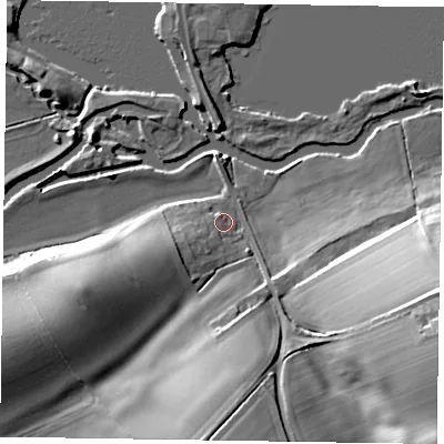 Shaded relief map of the ground around NN71NH, computed from Environment Agency LiDAR. The ground here sits at about 53 m above sea level and falls 25 m across the surrounding 800 m. Surface water reaching this point runs off ground lying to the west-south-west, 4.9 m higher.