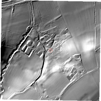 Shaded relief map of the ground around NN71NN, computed from Environment Agency LiDAR. The ground here sits at about 57 m above sea level and falls 43 m across the surrounding 800 m. Surface water reaching this point runs off ground lying to the south-east, 36.1 m higher.