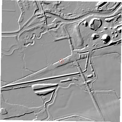 Shaded relief map of the ground around NN71NP, computed from Environment Agency LiDAR. The ground here sits at about 48 m above sea level and falls 20 m across the surrounding 800 m. Surface water reaching this point runs off ground lying to the east, 2.5 m higher.