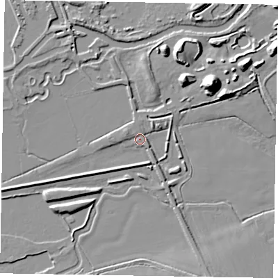 Shaded relief map of the ground around NN71NW, computed from Environment Agency LiDAR. The ground here sits at about 47 m above sea level and falls 20 m across the surrounding 800 m. Surface water reaching this point runs off ground lying to the west-south-west, 3.5 m higher.