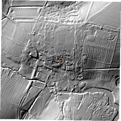Shaded relief map of the ground around NN72AY, computed from Environment Agency LiDAR. The ground here sits at about 96 m above sea level and falls 20 m across the surrounding 800 m. Surface water reaching this point runs off ground lying to the north-east, 6.7 m higher.