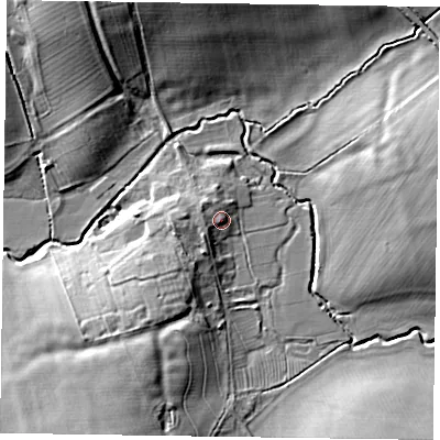 Shaded relief map of the ground around NN72DU, computed from Environment Agency LiDAR. The ground here sits at about 81 m above sea level and falls 13 m across the surrounding 800 m. Surface water reaching this point runs off ground lying to the west-south-west, 2.2 m higher.