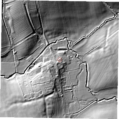 Shaded relief map of the ground around NN72DX, computed from Environment Agency LiDAR. The ground here sits at about 80 m above sea level and falls 15 m across the surrounding 800 m. Surface water reaching this point runs off ground lying to the south-south-east, 1.4 m higher.