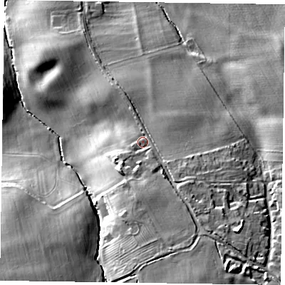 Shaded relief map of the ground around NN72EE, computed from Environment Agency LiDAR. The ground here sits at about 95 m above sea level and falls 23 m across the surrounding 800 m. Surface water reaching this point runs off ground lying to the south-south-east, 8.9 m higher.