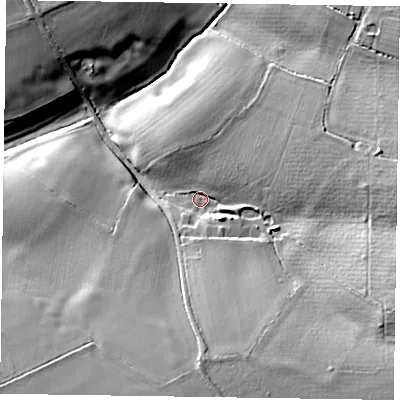 Shaded relief map of the ground around NN72EU, computed from Environment Agency LiDAR. The ground here sits at about 103 m above sea level and falls 27 m across the surrounding 800 m. Surface water reaching this point runs off ground lying to the south-east, 18.0 m higher.