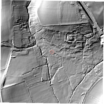 Shaded relief map of the ground around NN72JN, computed from Environment Agency LiDAR. The ground here sits at about 82 m above sea level and falls 28 m across the surrounding 800 m. Surface water reaching this point runs off ground lying to the north-north-east, 19.6 m higher.