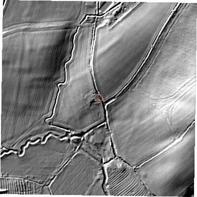 Shaded relief map of the ground around NN72JW, computed from Environment Agency LiDAR. The ground here sits at about 76 m above sea level and falls 19 m across the surrounding 800 m. Surface water reaching this point runs off ground lying to the north-east, 4.9 m higher.