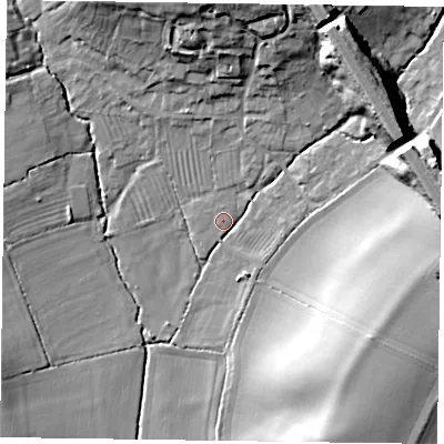 Shaded relief map of the ground around NN72LE, computed from Environment Agency LiDAR. The ground here sits at about 79 m above sea level and falls 22 m across the surrounding 800 m. Surface water reaching this point runs off ground lying to the north, 1.4 m higher.