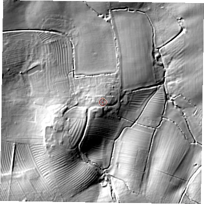 Shaded relief map of the ground around NN72QE, computed from Environment Agency LiDAR. The ground here sits at about 111 m above sea level and falls 34 m across the surrounding 800 m. Surface water reaching this point runs off ground lying to the south-west, 3.7 m higher.