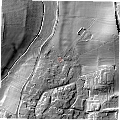Shaded relief map of the ground around NN73AW, computed from Environment Agency LiDAR. The ground here sits at about 73 m above sea level and falls 20 m across the surrounding 800 m. Surface water reaching this point runs off ground lying to the east-north-east, 17.5 m higher.