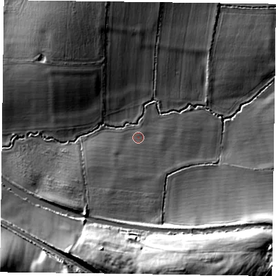 Shaded relief map of the ground around NN73BW, computed from Environment Agency LiDAR. The ground here sits at about 84 m above sea level and falls 31 m across the surrounding 800 m. Surface water reaching this point runs off ground lying to the south-west, 8.2 m higher.