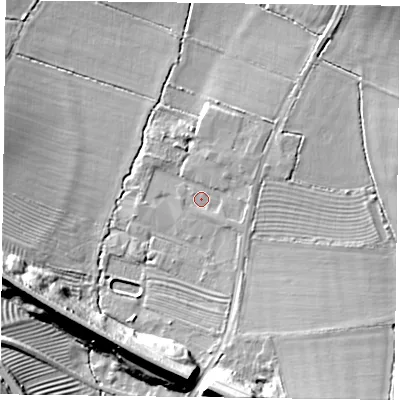 Shaded relief map of the ground around NN73DR, computed from Environment Agency LiDAR. The ground here sits at about 81 m above sea level and falls 21 m across the surrounding 800 m. Surface water reaching this point runs off ground lying to the south-south-east, 5.8 m higher.