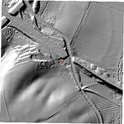 Shaded relief map of the ground around NN73DS, computed from Environment Agency LiDAR. The ground here sits at about 91 m above sea level and falls 46 m across the surrounding 800 m. Surface water reaching this point runs off ground lying to the west, 18.7 m higher.