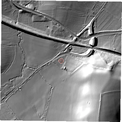 Shaded relief map of the ground around NN73JF, computed from Environment Agency LiDAR. The ground here sits at about 92 m above sea level and falls 44 m across the surrounding 800 m. Surface water reaching this point runs off ground lying to the east-south-east, 22.3 m higher.