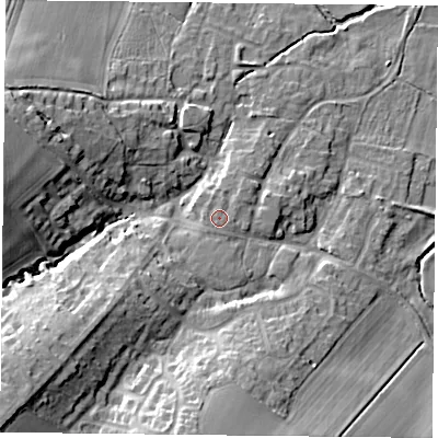 Shaded relief map of the ground around NN73LE, computed from Environment Agency LiDAR. The ground here sits at about 77 m above sea level and falls 21 m across the surrounding 800 m. Surface water reaching this point runs off ground lying to the east-south-east, 0.5 m higher.