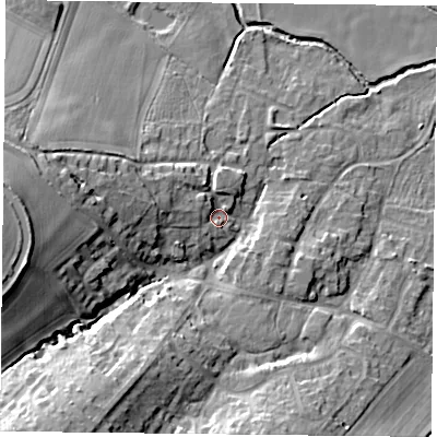 Shaded relief map of the ground around NN73LH, computed from Environment Agency LiDAR. The ground here sits at about 76 m above sea level and falls 21 m across the surrounding 800 m. Surface water reaching this point runs off ground lying to the west-north-west, 10.1 m higher.