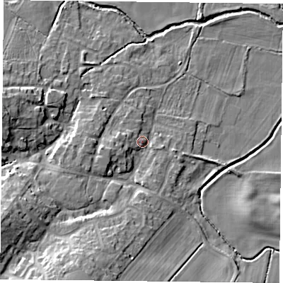 Shaded relief map of the ground around NN73LN, computed from Environment Agency LiDAR. The ground here sits at about 74 m above sea level and falls 16 m across the surrounding 800 m. Surface water reaching this point runs off ground lying to the south-south-west, 13.5 m higher.