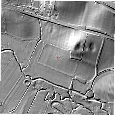 Shaded relief map of the ground around NN73NE, computed from Environment Agency LiDAR. The ground here sits at about 76 m above sea level and falls 22 m across the surrounding 800 m. Surface water reaching this point runs off ground lying to the east-north-east, 6.8 m higher.